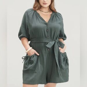 BloomChic Solid Drawstring Pocket Belted Romper, size 12
